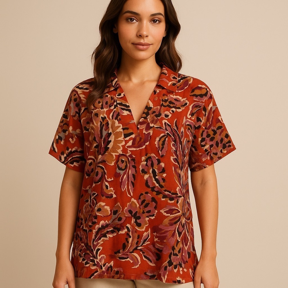 Karlie Floral Tunic Blouse Women’s L – Boho Hippie Coastal Resortwear Cottage